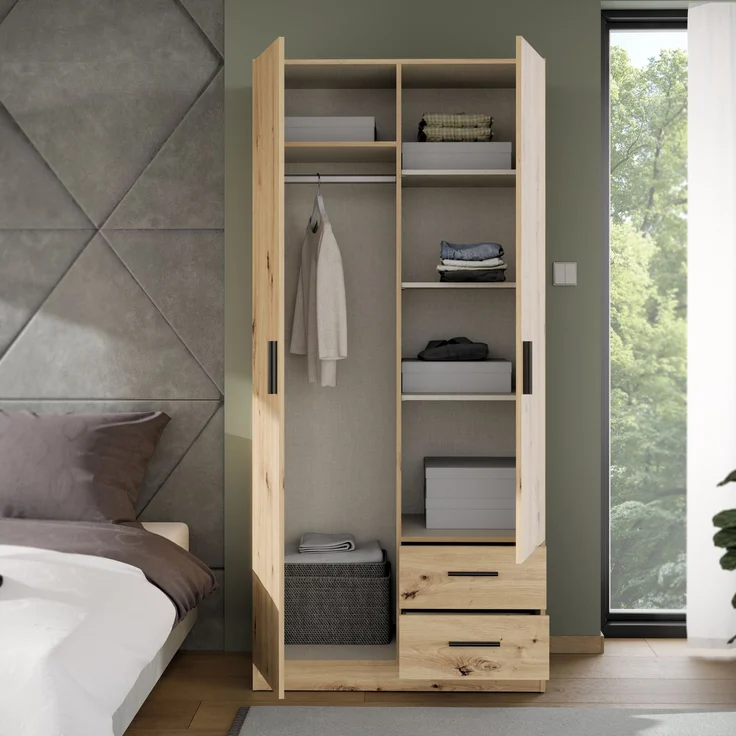 Forte JOAKIM Kleiderschrank 90, Skandi-Stil Schrank, 2-türig, 2 Schubladen, Einlegeböden, Kleiderstange, Holzwerkstoff, Artisan Eiche Holzdekor, 90,8 cm breit x 197 cm hoch x 54 cm tief – Bild 9