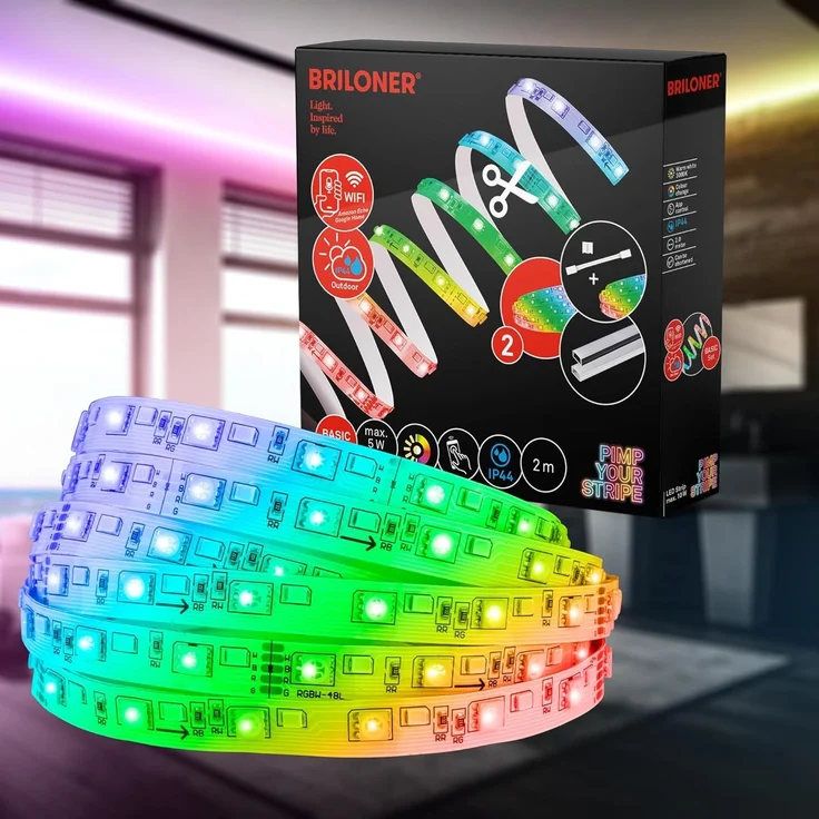 BRILONER – LED Stripe Starter Set 2m LED Strip, IP44 Spritzwasserschutz, App- Sprachsteuerung, 3m Zuleitung, buntes RGBW, Kürzbar, Outdoor, Streifen, Lichtleiste, Terrasse Deko