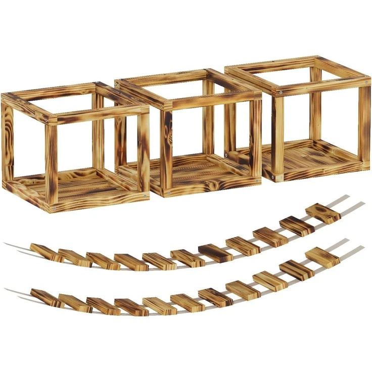 QLS Katzen-Kletterwand Deckenmontage Geflammt mit 2 Brücken und 3 Liegen, aus Kiefernholz für Spaß und Entspannung 5-tlg. – Bild 7