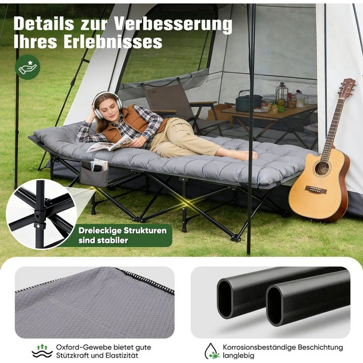 Sekey Klappbett 202 x 80 cm Extra Breit Feldbett XXL Campingbett Klappbar mit Matratze Faltbares Klappbett mit Seitentasche, 600D Oxford-Gewebe, bis 200 kg – Bild 2