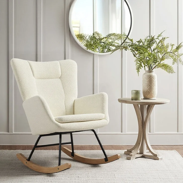 HOME NATURE WOHNKONZEPT Schaukelstuhl mit Kopfstütze, gepolstert, hohe Rückenlehne, Armlehnen, rutschfeste Füße, weißer Seelöwen-Fleece, 98×85×70 cm – Bild 5