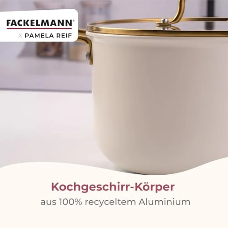 Fackelmann x Pamela Reif Kochtopf 24 cm mit Deckel, recyceltes Aluminium, PFAS-freie Keramikbeschichtung, pastell-beige, Induktion geeignet – Bild 8