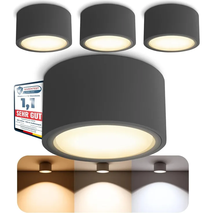 SSC-LUXon LED Aufbaustrahler CELI-X LED Aufbauspot anthrazit flach rund 3 Lichtfarben 230V GX53, Warmweiß bis Tageslicht
