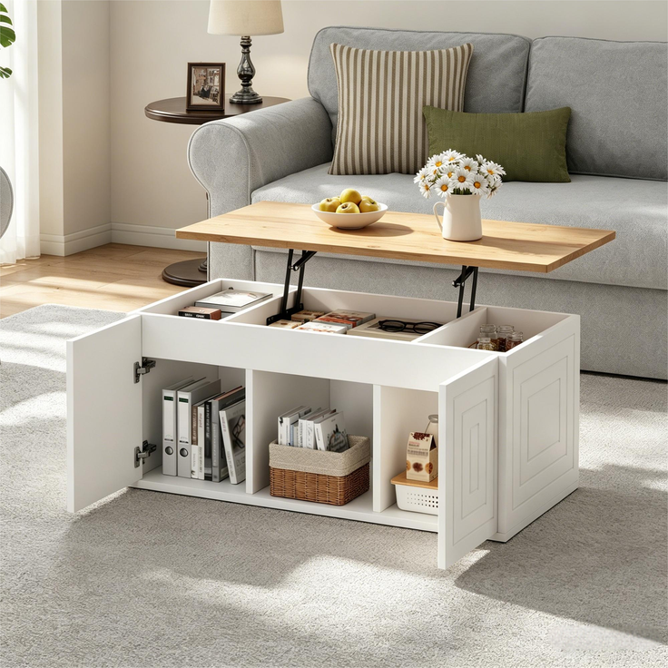 Couchtisch 46 x 95 x 45 cm, mit Höhenverstellung, in Holzoptik, Konstruktion aus Spanplatte, Weiß / Naturfarben
