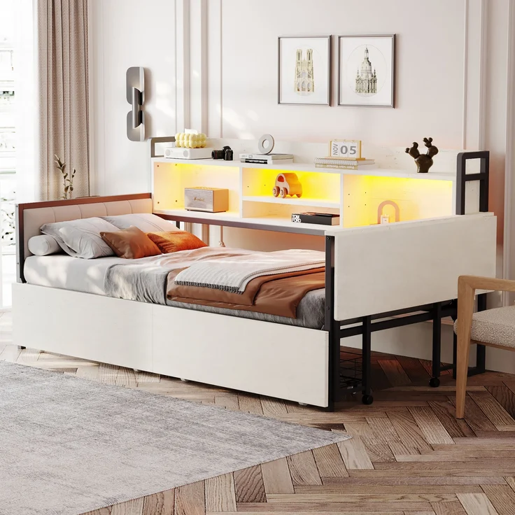 Bett 90x200 cm mit Stauraum und LED-Beleuchtung – Einzelbett aus Metall mit ausziehbarem Schreibtisch – Bild 2
