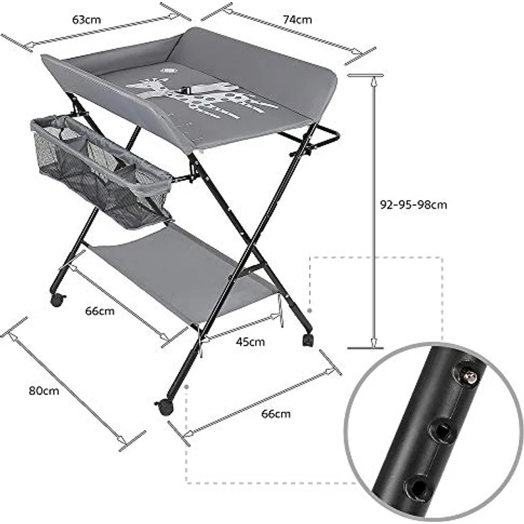 Baby Klappbarer Wickeltisch，Mobiler Wickeltisch mit Rollen und Wickelauflage,Wasserdicht und Höhenverstellbar，Baby Wickelkombi mit Ablagefächern-80 * 66 * 98cm grau – Bild 6
