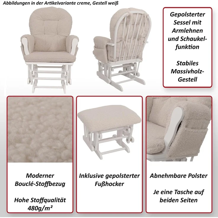 Relaxsessel HWC-C76, Schaukelstuhl Sessel Schwingstuhl + Hocker Stoff Bouclé 480g/m² Öko-Tex ~ braun Gestell weiß – Bild 2