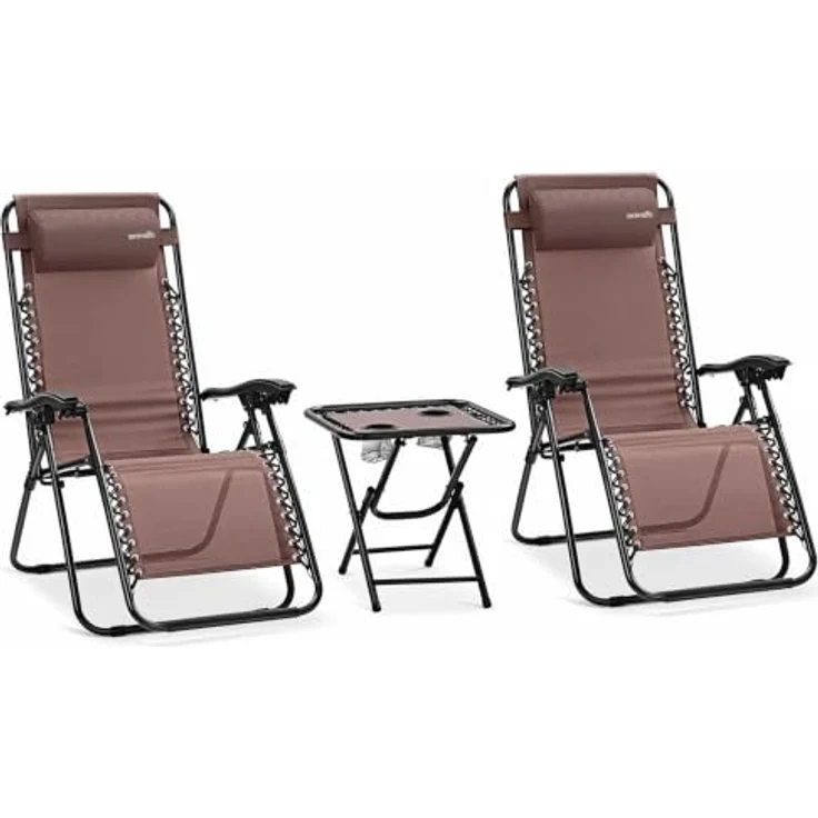 SereneLife Sonnenliege Klappbar 2er Set mit Tisch, Zero Gravity Liegestuhl Garten, bis 120 kg Braun, Verstellbar und Wetterfest, mit Getränkehalter und Kopfkissen, für Balkon Strand Camping – Bild 1