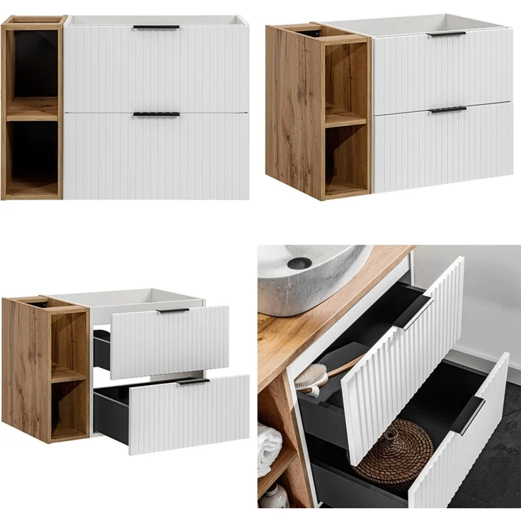 Badmöbel Set 3-teilig weiß ADELAIDE-56-WHITE Modern mit Eiche Nb, Front in Rillenoptik – Bild 5