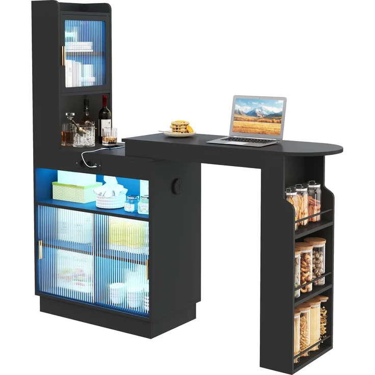 ZUBALIYA Küchenschrank mit Glastüren / Barschrank & Sideboard, mit ausziehbarer Bartisch & Stehtisch mit Stauraum und steckdose, Schwarz, 131–170 x 40 x 170 cm, fürs Büro, mit LED, Samt – Bild 12