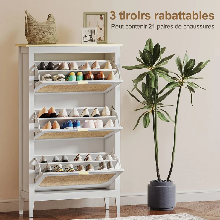 Schuhschrank für 21 Paar Schuhe im Boho-Stil mit 3 Klappschubladen, Türen in Rattan-Optik, 80 x 24 x 131 cm, weiß – Bild 7