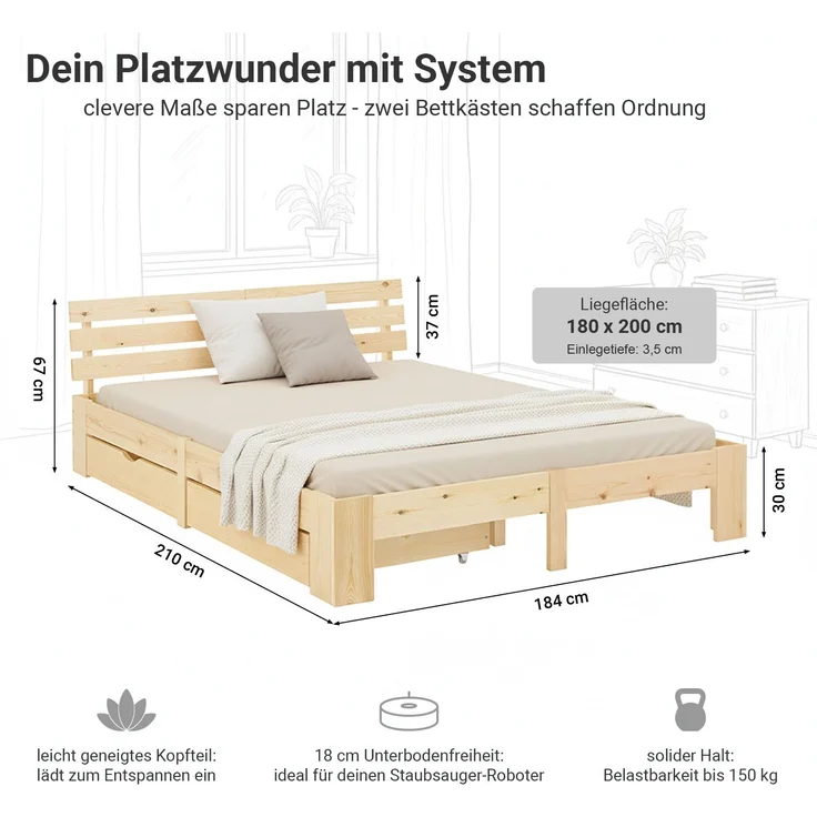 Holzbett 180x200 cm mit 2 Federkernmatratze & Bettkästen Doppelbett Bett Holzbettrahmen Natur Massiv Holz Lattenrost – Bild 3