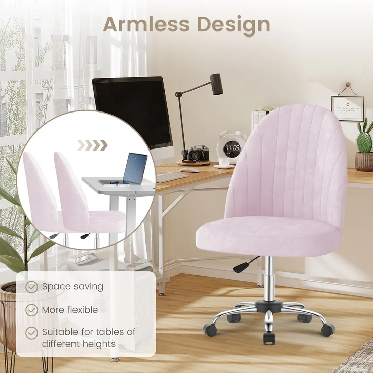 Botifly Bürostuhl ohne Armlehnen, Samt, Rosa, 8 cm Polsterung, 360° Drehbar – Bild 6