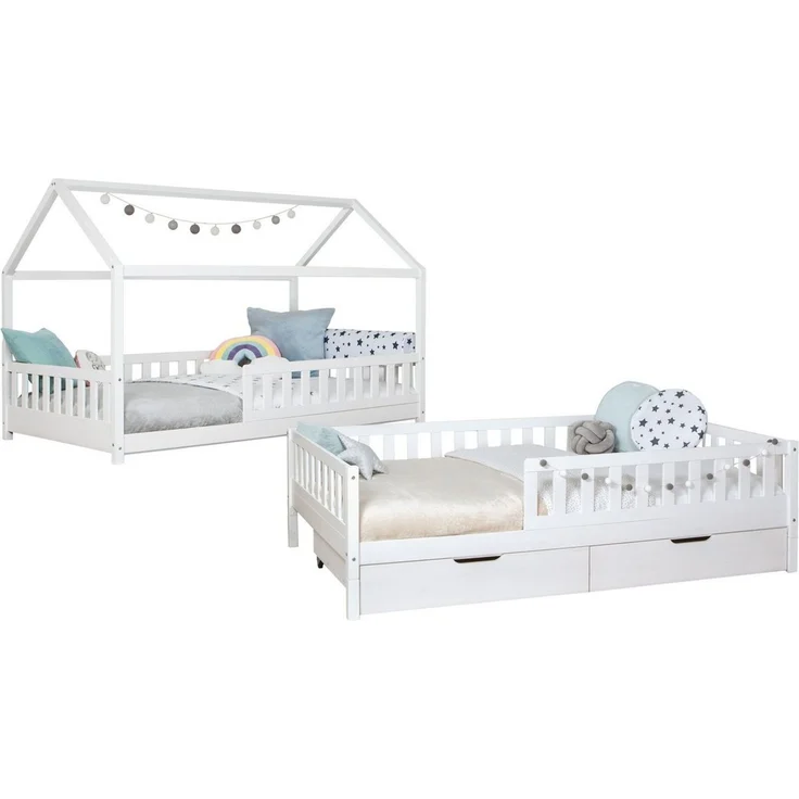 Ticaa Hausbett Duo mit Rausfallschutz und Schubkasten aus Kiefer, Bodenbett 90x200, inkl. abnehmbarem Dach, mit Rollrost – Bild 5