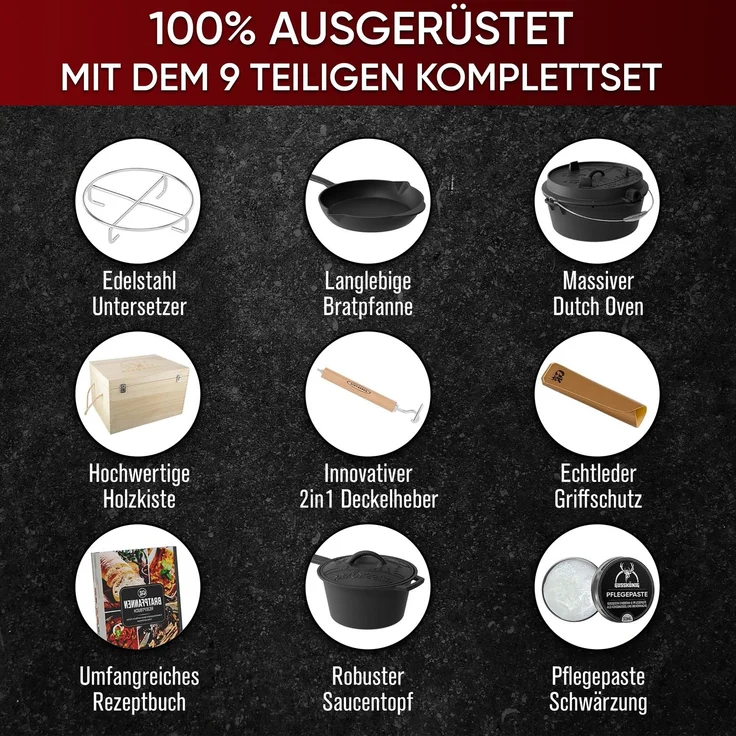 GUSSKÖNIG Dutch Oven in Holzbox 9tlg. mit Bratpfanne Saucentopf Untersetzer Deckelheber – Bild 2