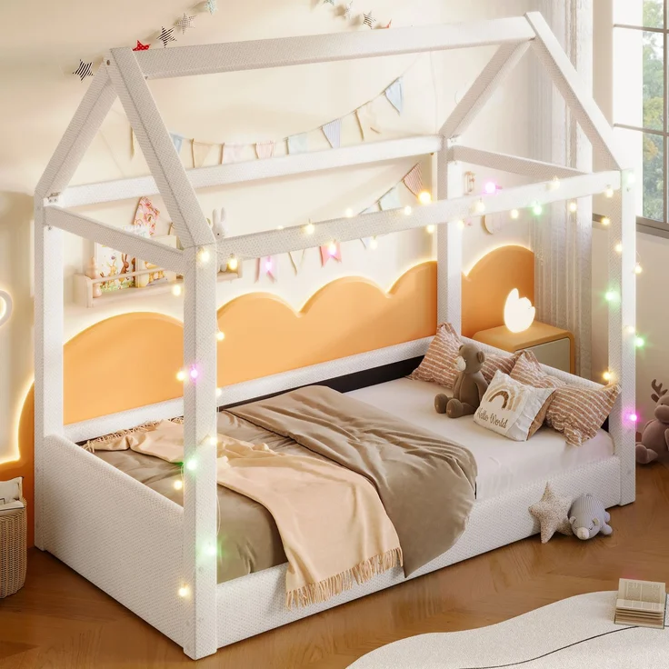 Gepolstertes Tagesbett 90x200 cm mit Haus-Design, LED-Lichtleisten und Leinenbezug, Beige – Bild 2