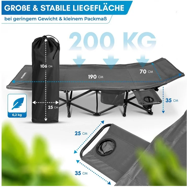 Nordmut Feldbett Klappbar mit Matratze, Campingbett Gästebett, Outdoor Erwachsene (Spar-Set, 1-St, Nordmut Kebne mit Auflage, Nachttisch & Tragetasche) mit Auflage, Tragetasche, Seitentasche, Nachttisch, 200 kg belastbar – Bild 2