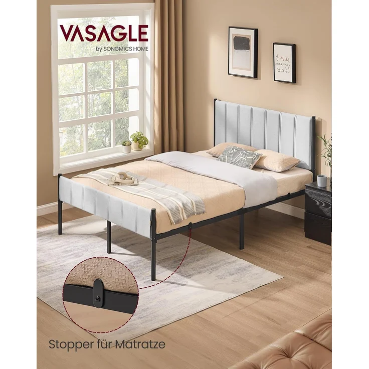 VASAGLE Doppelbettgestell, Bettgestell, 140 x 200 cm, mit gepolstertem Kopfteil, Bettrahmen, Stahl-Latten, trägt bis zu 500 kg, einfache Montage, Taubengrau – Bild 3