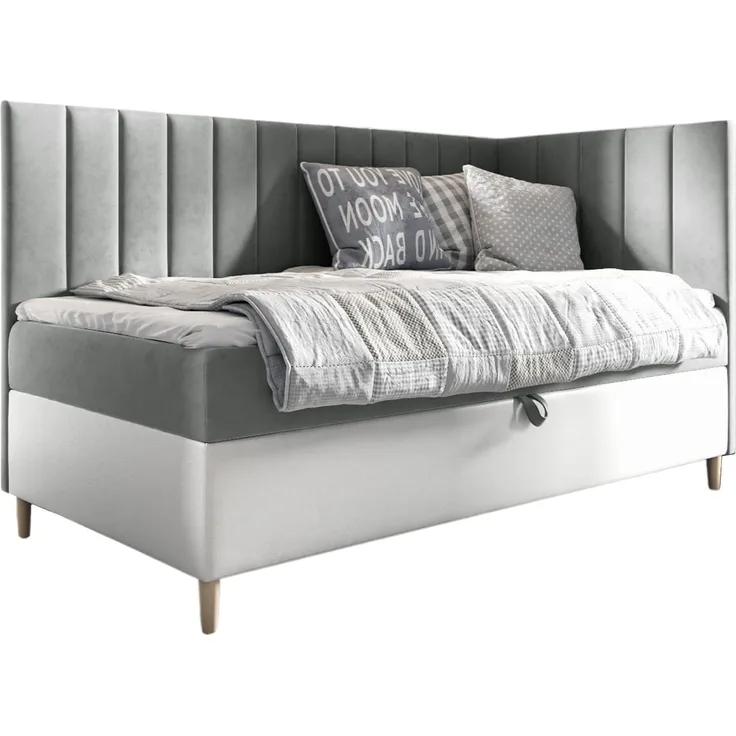 MEBLINI Kinderbett mit Bettkasten MAYA 3 80x200 Rechts – H3/Grau Samt Gepolstert Einzelbett mit Matratze - Polsterbett mit Stauraum - Bett mit Kopfteil – Stauraumbett