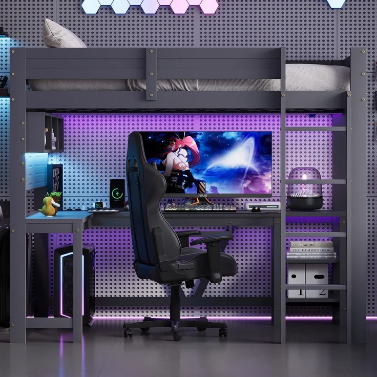 Hochbett mit RGB LED-Streifen und Eckschreibtisch, Trittletier, Regal, Wandgitter, USB und Type-C, 90x200 cm, Kinderbett mit Rausfallschutz, Kiefer – Bild 2
