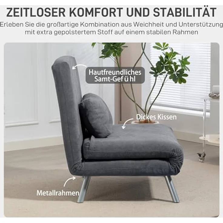 HOMCOM Schlafsofa mit verstellbarer Rückenlehne, abnehmbar Kissen, Samtoptik, 3-in-1 Schlafsessel 1 Teile, bis 120 kg, für Wohnzimmer, Schlafzimmer Dunkelgrau – Bild 7