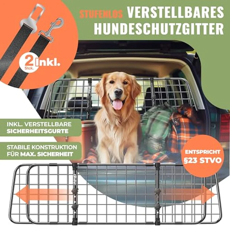 LovPet® Hundegitter Auto, Autoschutzgitter Trenngitter Universal, verstellbare Breite, Kopfstütze Kofferraum Autogitter Maße HxB 30 x 91-153 cm Kofferraumgitter,+ 2x Sicherheitsgurt für Hunde Schwarz – Bild 3