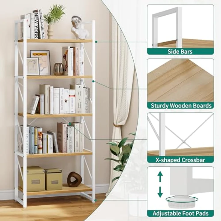 YITAHOME Bücherregal mit 5 Ebenen，Industrielles Standregal Aufbewahrungsregale für Wohnzimmer Bücher Schlafzimmer Büro Küche Zeitschriften, Weiß und Holzfarbe – Bild 6