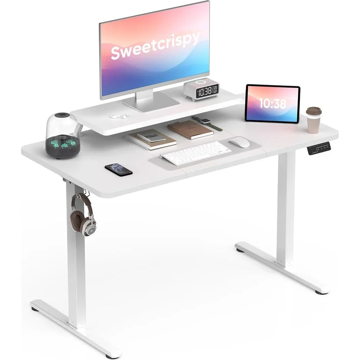 Sweetcrispy Höhenverstellbarer Schreibtisch mit Monitorständer, 120x60 cm Schreibtisch Höhenverstellbar Elektrisch, Ergonomischer Steh-Sitz Tisch, Computertisch Standing Desk, Weiß – Bild 1