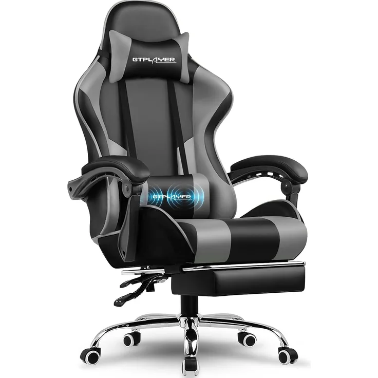 GTPLAYER Gaming Stuhl, Bürostuhl, Ergonomischer Pc Stuhl, Gaming Sessel mit Massagelendenwirbelstütze, Task Stühle mit Fußstütze und Kopfstütze, Grau Kunstleder