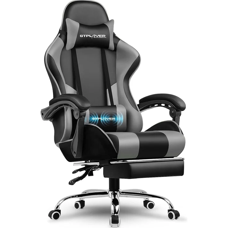 GTPLAYER Gaming Stuhl, Bürostuhl, Ergonomischer Pc Stuhl, Gaming Sessel mit Massagelendenwirbelstütze, Task Stühle mit Fußstütze und Kopfstütze, Grau Kunstleder