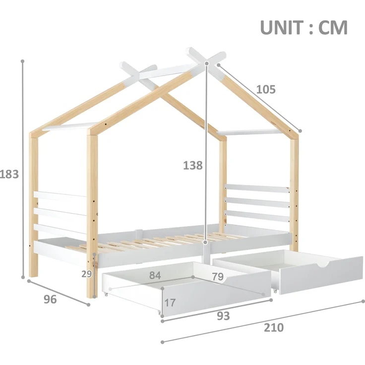 Bett 90x200 cm Hausbett aus Kiefernholz mit Schubladen – platzsparendes Kinderbett in Weiß – Bild 2