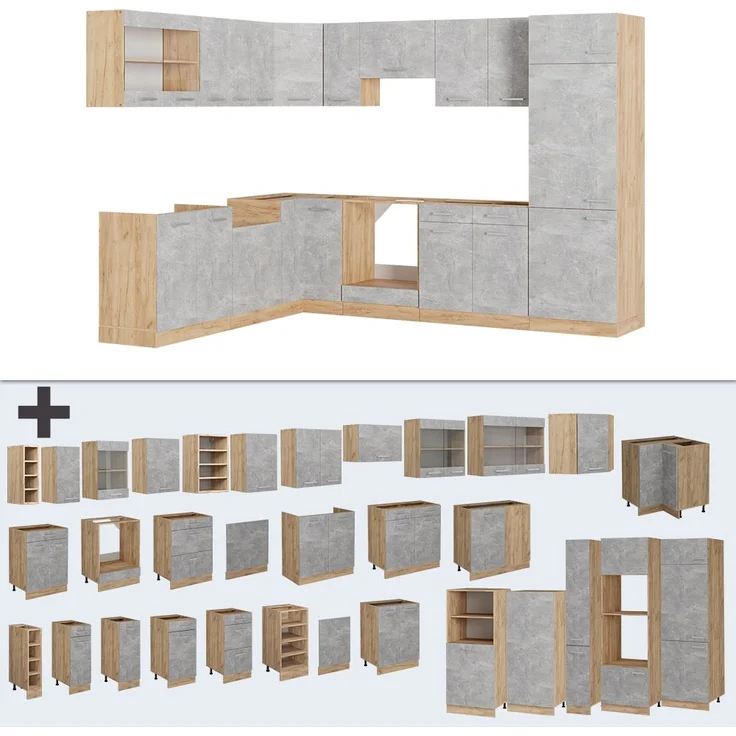 Eckküche R-Line Beton/Goldkraft Eiche 287 x 60 cm , AP Eiche Vicco – Bild 6