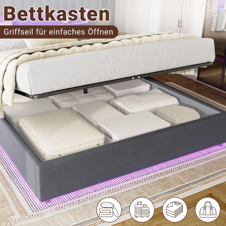 Polsterbett 180x200 cm mit hydraulischem Bettkasten, LED-Leseleuchten, USB, mit Matratze – Bild 10
