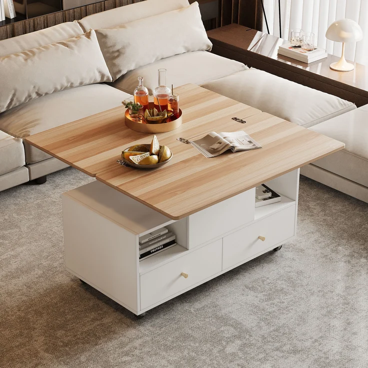 Höhenverstellbarer Couchtisch aus MDF mit 4 Schubladen, Klappfunktion & Rollen, 100x50x47,5-62 cm, Naturholz/Weiß – Bild 2