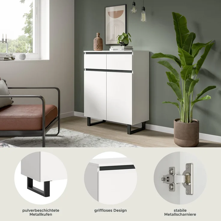 Kommode B/H/T: 80x99x36 cm in weiß Melamin und schwarz – Bild 6