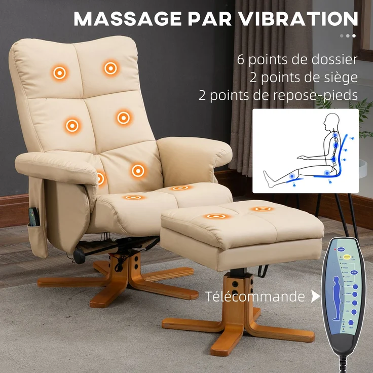 Wohnora-Relaxsessel mit Hocker, 360°drehbarer Fernsehsessel mit Massage, Liegefunktion, Massagesessel mit Seitentasche, TV-Sessel, Kunstleder für Wohnzimmer Cremeweiß,H 990cm x T 800cm x B 860cm – Bild 5