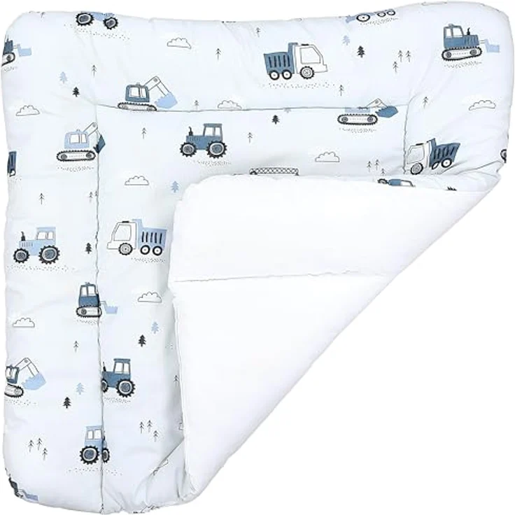 TupTam Baby Wickeltischauflage mit Baumwollbezug Gemustert, Farbe: Baufahrzeuge/Bagger/Blau/Hellgrau, Größe: 75x85 cm – Bild 5