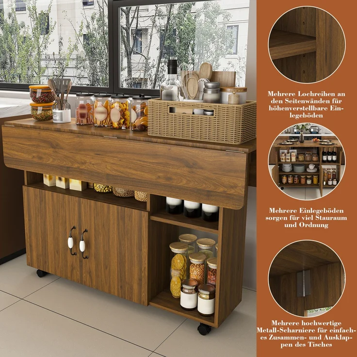 Flieks Mobile Kücheninsel 110x70x80 cm, klappbarer Küchentisch mit Rollen, Ablageböden & Stauraum, Esstisch und Sideboard, Braun – Bild 7