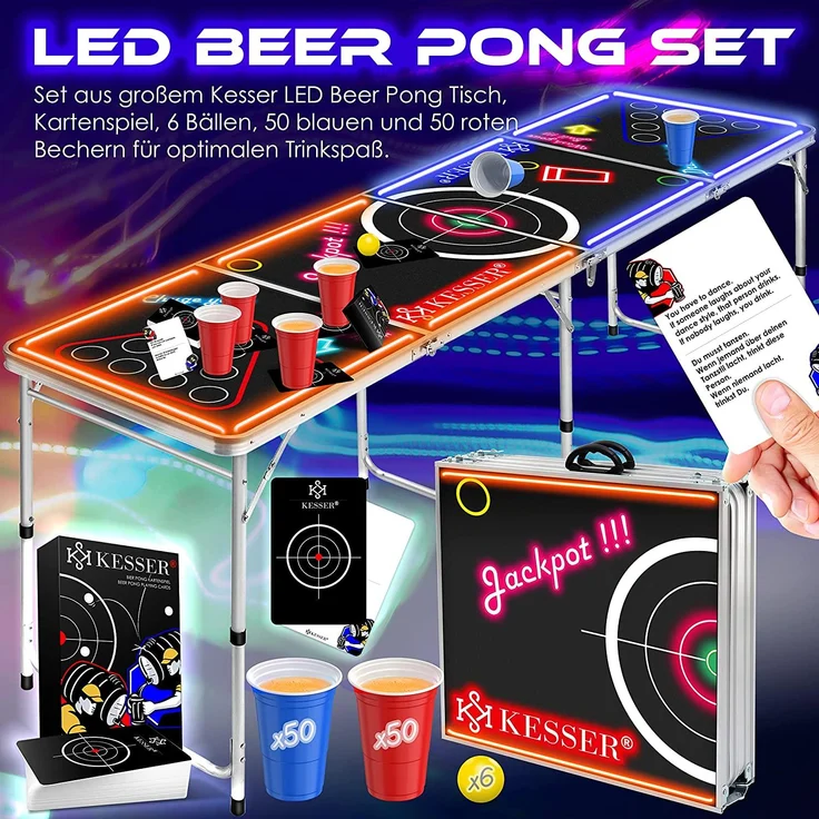 KESSER® Beer Pong Tisch Set mit LED, Kartenspiel, 100 Becher & 6 Bälle, höhenverstellbar / klappbar, Aluminium schwarz, 61 x 244 x 76 cm – Bild 2