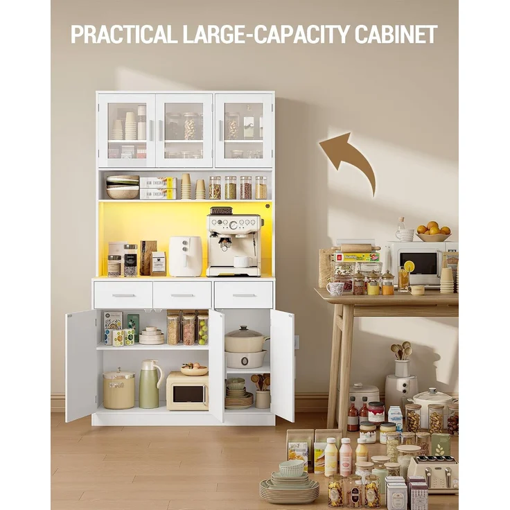 Buffetschrank, Küchenschrank mit 3 Schubladen, Hochschrank mit Steckdosenleiste und LED-Beleuchtung, 3 Schranktüren mit Glasfront, Küche, Wohnzimmer, 40 x 100 x 190 cm, Weiß – Bild 6