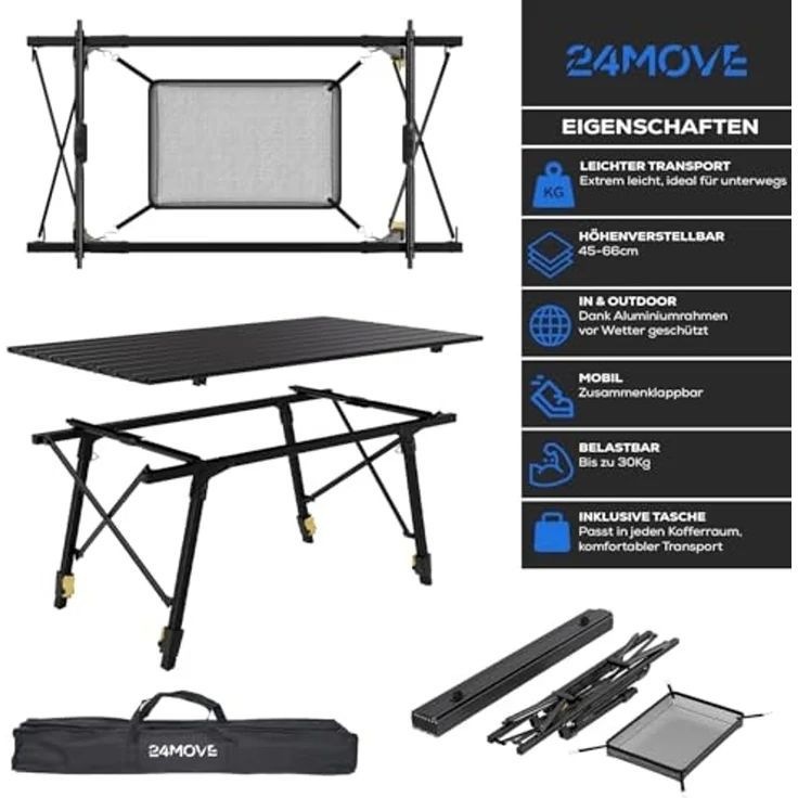 24Move Klapptisch Tisch für Camping und Garten,Klapptisch aus Aluminium (bis 30kg schwarz, inkl. Tasche), Tischplatte faltbar, Aluminiumrahmen höhenverstellbar – Bild 3