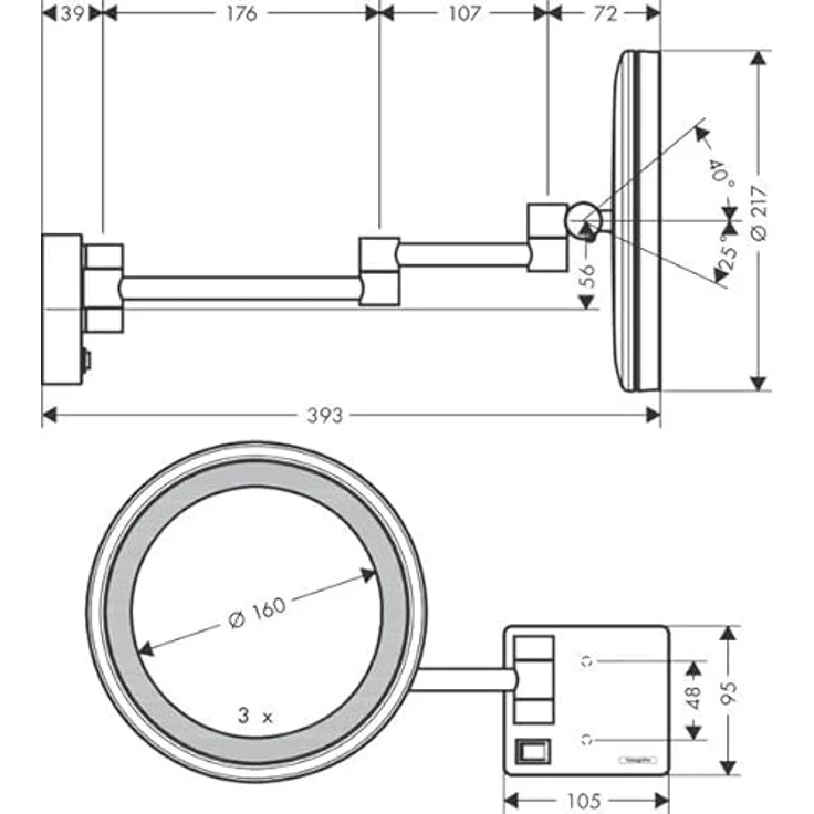 hansgrohe AddStoris Kosmetikspiegel mit LED-Beleuchtung, Rasierspiegel mit 3-fach Vergrößerung, mattweiß, 41790700 – Bild 2