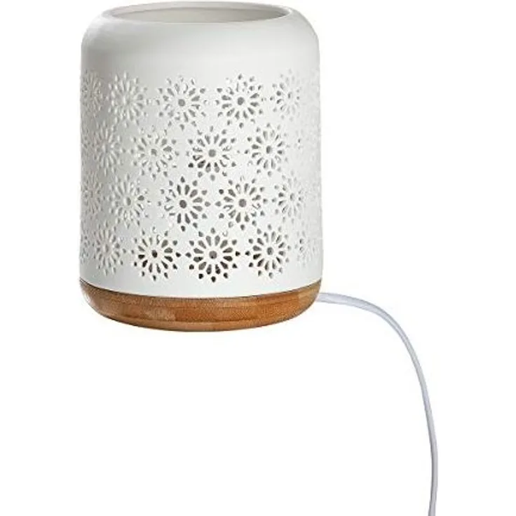 Gilde Lampe Zylinder "Blume" weiß, mit Sockel in Holzoptik Fassung E14, max. 40 Watt, 220-240 Volt H: 17.50 cm Ø 13 cm 32267