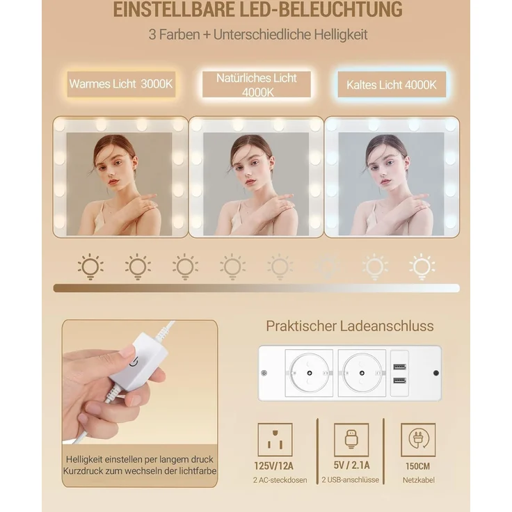 Schminktisch mit 10 LED-Beleuchtung, Hocker, Frisiertisch mit Große Spiegel, Schminktische mit Stecker, Und Haartrocknerhalter, Und Mehreren Schubladen, Weiß, 40 × 108 × 139cm – Bild 6