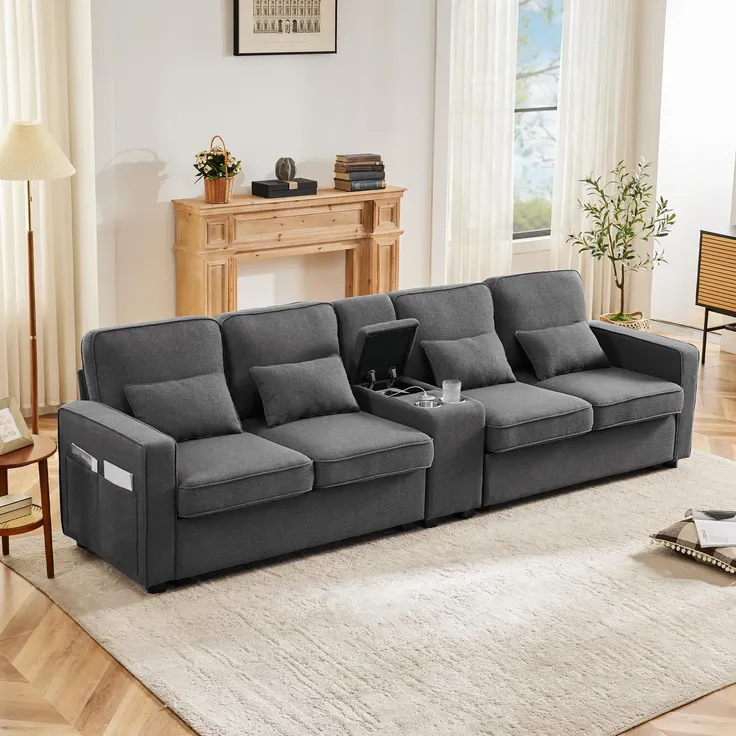 Big-Sofa, 4-Sitzer inkl. loser Zier- und Rückenkissen, Zwischentisch, USB-Anschlüssen, Polstersofa, Wohnzimmersofa, Leinen