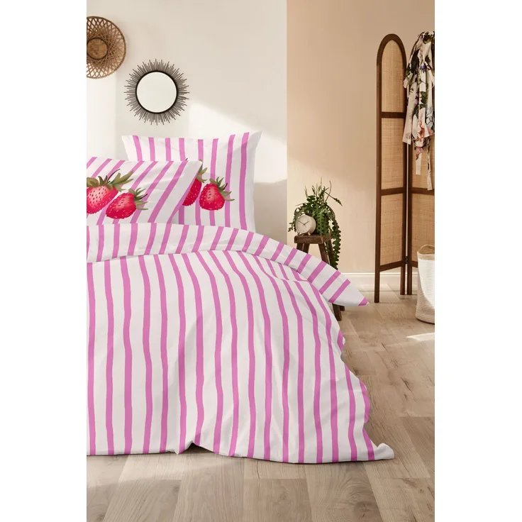 Primera Renforce Bettwäsche 135x200 Erdbeeren Streifen weiss pink 123113-42