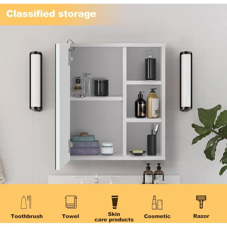 TUKAILAI Spiegelschrank Bad mit Beleuchtung, Badschrank mit Spiegel mit 3 Offenes Ablagen, Badezimmerschrank mit Verstellbarer Ablagen für Badezimmer 45 x 17 x 52 cm – Bild 3
