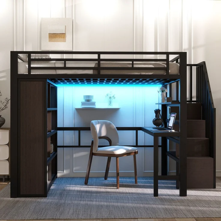 Hochbett mit RGB LED-Streifen, Schreibtisch, Bücherregal, Lattenrost, Treppe, Rausfallschutz, 140x200cm, Metallbett, Kinderbett – Bild 2