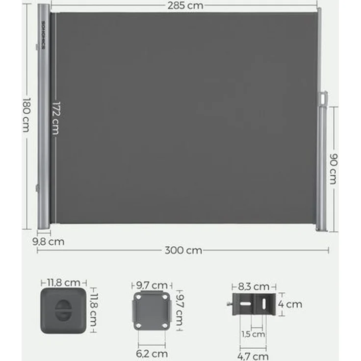 SONGMICS Alu-Seitenmarkise, ausziehbar, blickdicht, Anthrazit, 180x300 cm – Bild 2