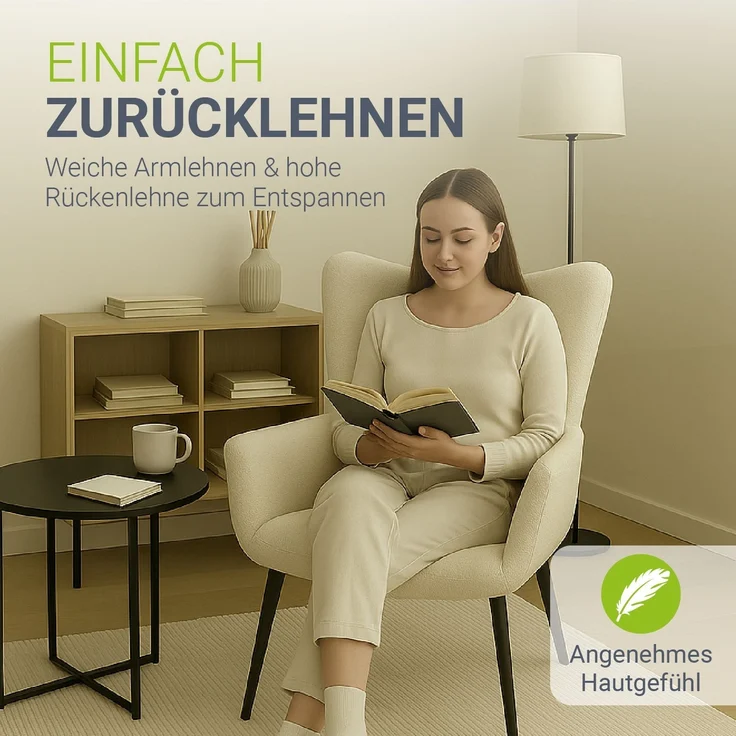 Juskys Ohrensessel Odense ohne Hocker, TV- & Lesesessel in Bouclé, hohe Lehne, Metallbeine, komfortabler Stoffbezug, pflegeleicht – Beige – Bild 5